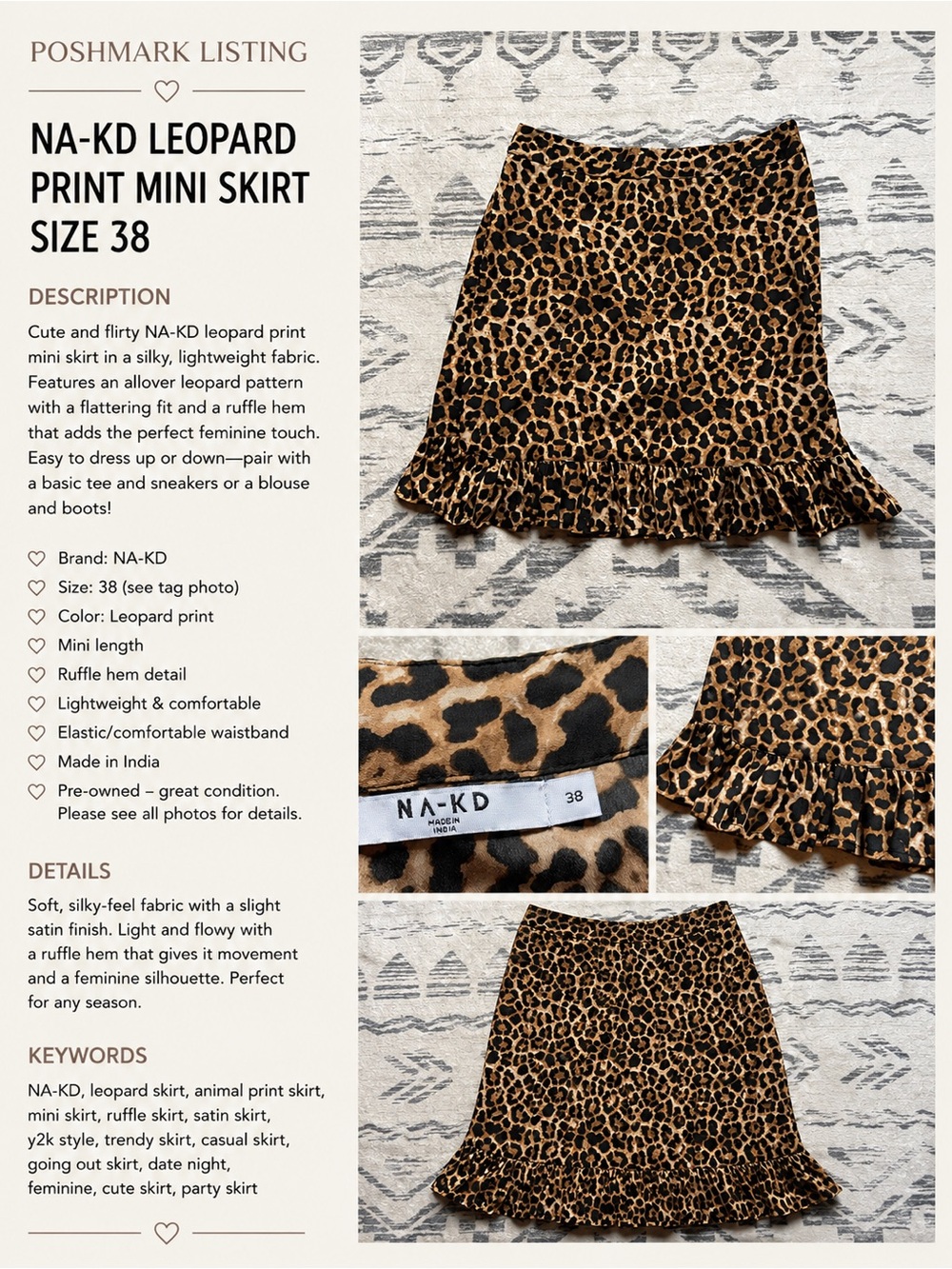 NA-KD Leopard Print Ruffle Hem Skirt – Size 38
